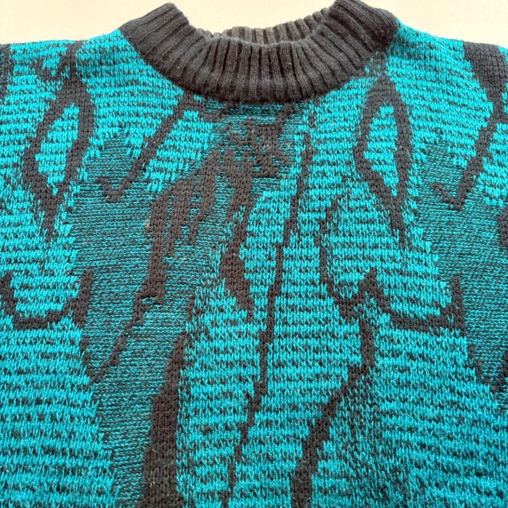 Skyline Vintage Graphic Sweater Mens Large Teal Black Abstract Knit Crewneck 90s